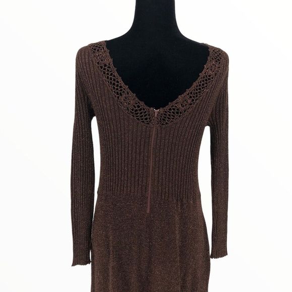 70’s Vintage Wenjilli Brown Metallic Knit Long Sleeve Maxi Dress - Picture 7 of 12
